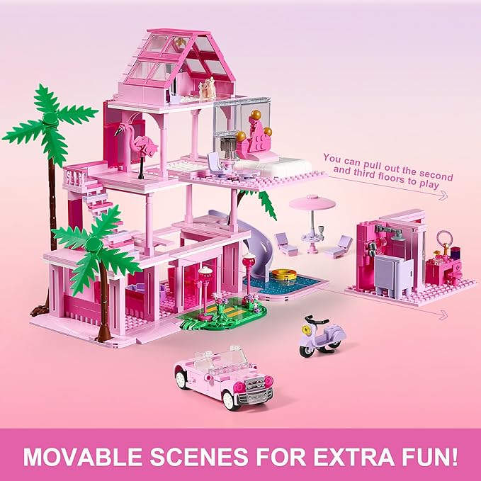 Girls House Building Sets Compatible with Lego Friends for Girls Age 8-12 4-Story Pink Villa Building Blocks Toys with Pull-Out Floors 903 Pieces Great Birthday Gift for Girls 8-14