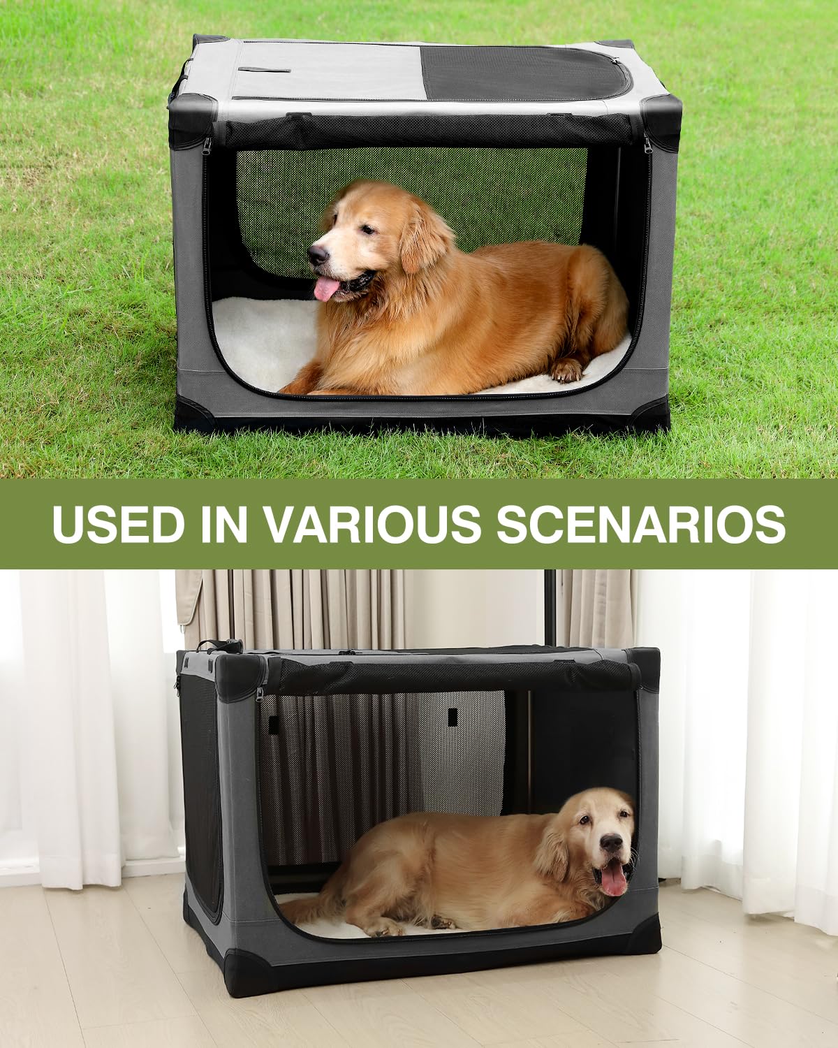 33 x 25 x 25 Inch Collapsible Soft Dog Crate for Dogs Up to 70 lbs, Portable Travel Pet Kennel with 4 Zip Doors, Foldable Indoor Outdoor Crate with Mat, Carry Bag, Grey