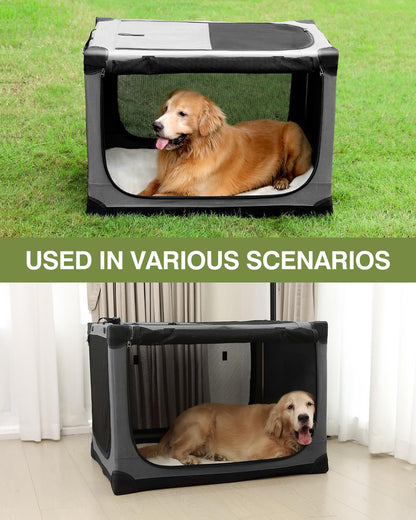 33 x 25 x 25 Inch Collapsible Soft Dog Crate for Dogs Up to 70 lbs, Portable Travel Pet Kennel with 4 Zip Doors, Foldable Indoor Outdoor Crate with Mat, Carry Bag, Grey