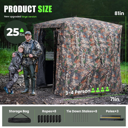 HUNTSEN 3-4 Person Hunting Blind - 270 Degree See Through Deer Blind with Magnetic Full Open Door - Pop Up Ground Blinds - Portable Resilient Hunting Tent for Deer & Turkey