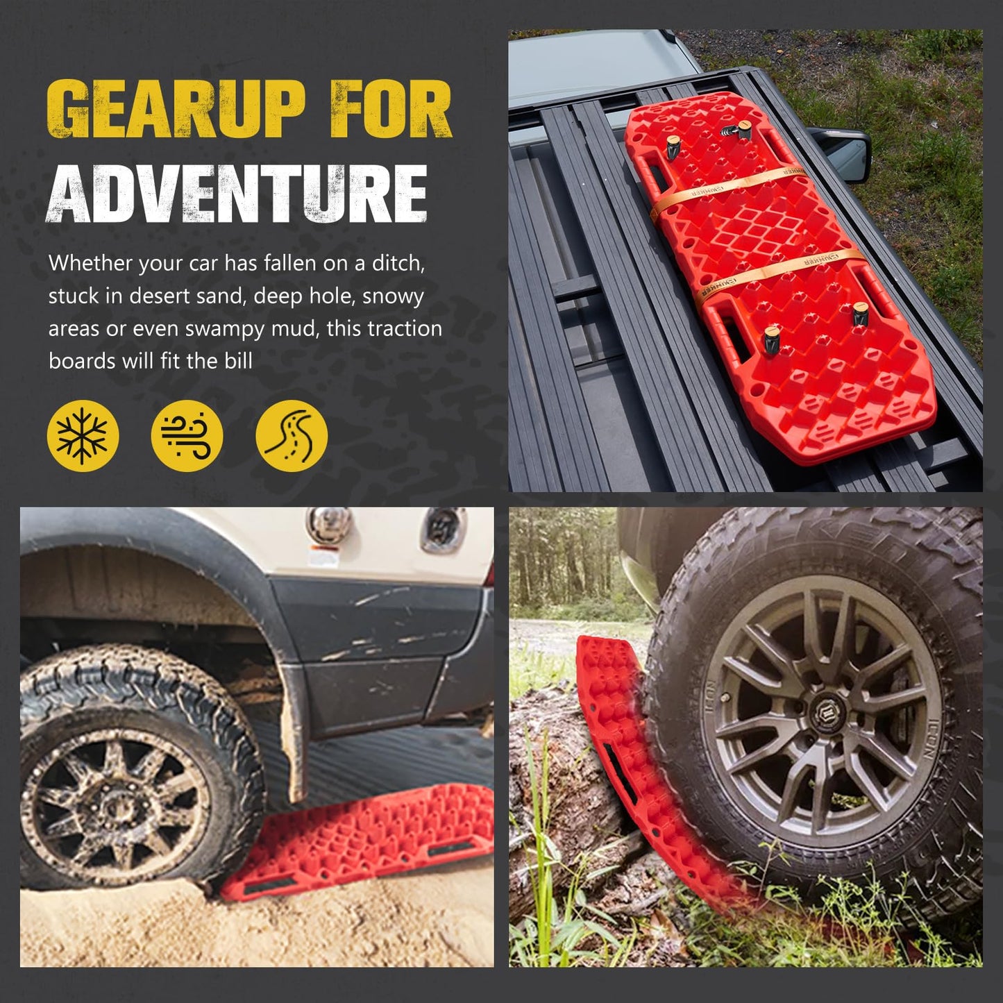 BUNKER INDUST Gen 7th Traction Boards with Mounting Kit, Pair Offroad Recovery Tracks with Jack Base for 4X4 Jeep Truck Tire Traction-Sand,Mud, Snow Ramps (Red)
