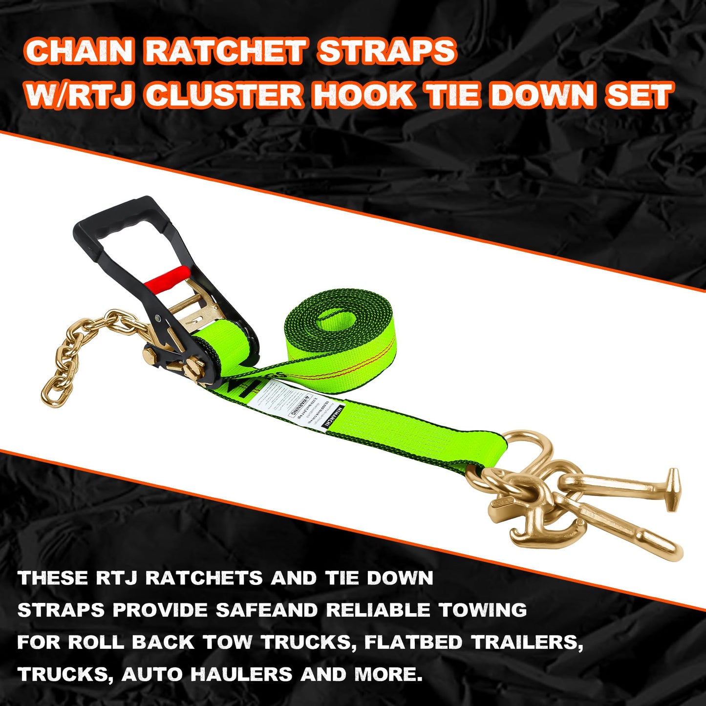 Mimanchi 2" x 12' RTJ Cluster Hook Ratchet Straps with 8 Point Chain, 4 Pack - Heavy Duty Tow Strap for Trucks, Trailers, and Car Haulers - Wheel Tie Down Straps for Tow Trucks & Auto Transport