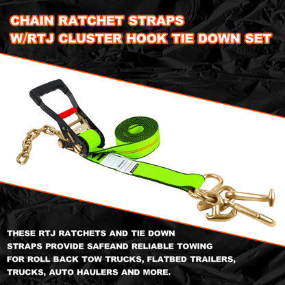 Mimanchi 2" x 12' RTJ Cluster Hook Ratchet Straps with 8 Point Chain, 4 Pack - Heavy Duty Tow Strap for Trucks, Trailers, and Car Haulers - Wheel Tie Down Straps for Tow Trucks & Auto Transport