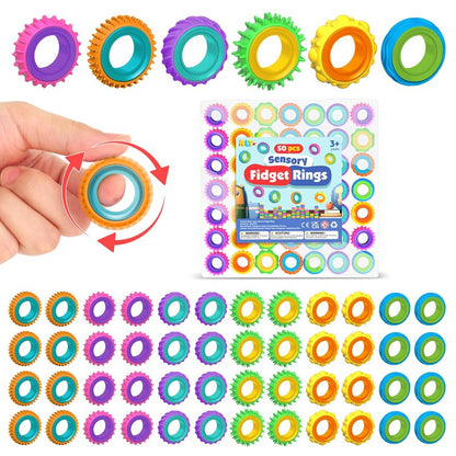 KLT Fidget Toys Bulk for Kids: 50 Pack Texture Spinner Rings - Bulk Fidgets for Students Classroom Prizes - Quiet Sensory for Autism Stress Relief - Goodie Bags Stuffers for Party Favors