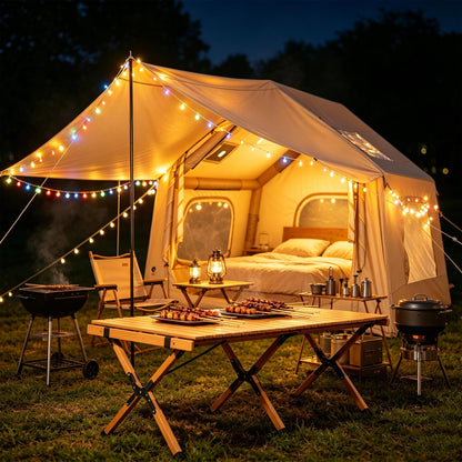 Inflatable Camping Tent for 3-5 Person, Quick Setup Blow Up Tent with Canopy, Waterproof 4 Season Air Glamping Tent with Skylight, Mesh Windows & Stove Jack, for Camping, Beach, Outdoor
