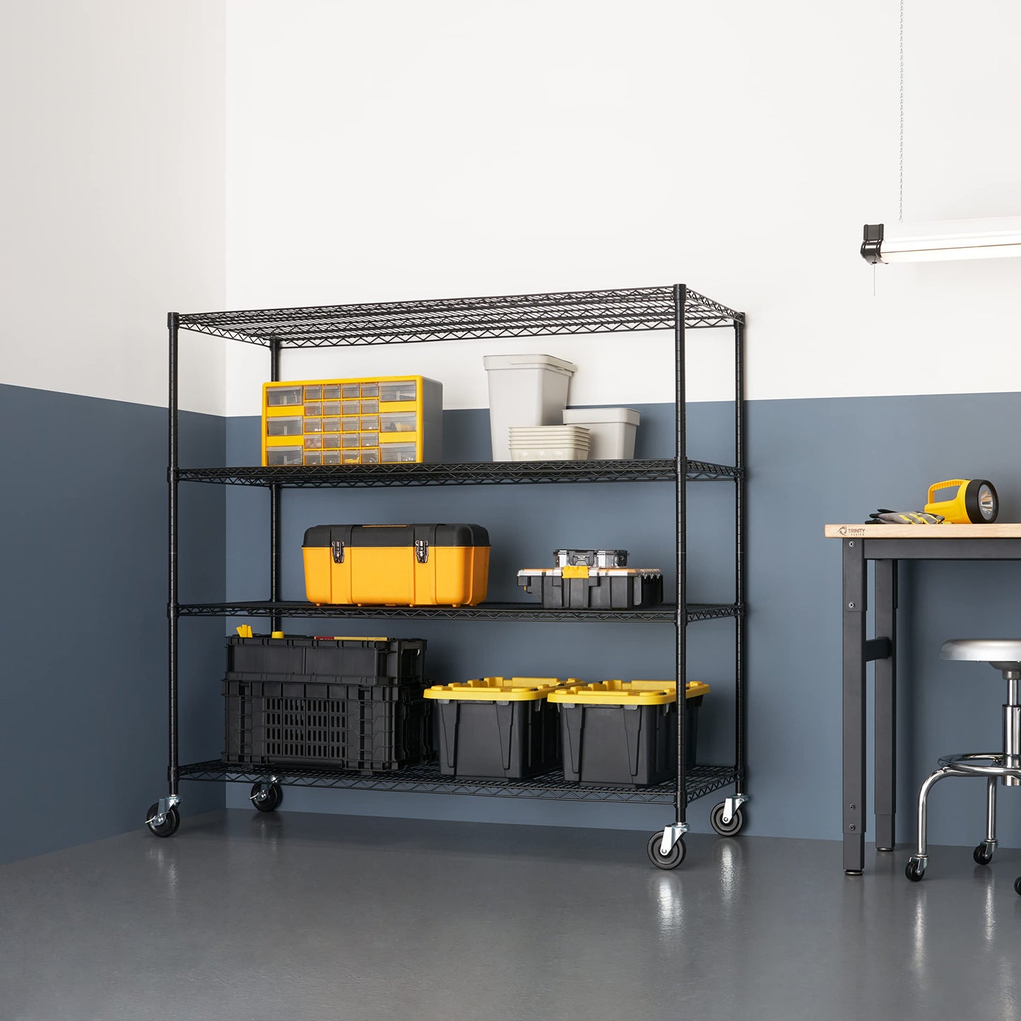 Trinity Basics 4-Tier Adjustable Wire Shelving with Wheels for Kitchen Organization, Garage Storage, Laundry Room, NSF Certified, 600 to 1800 Pound Capacity, 60” by 24” by 54”, Black