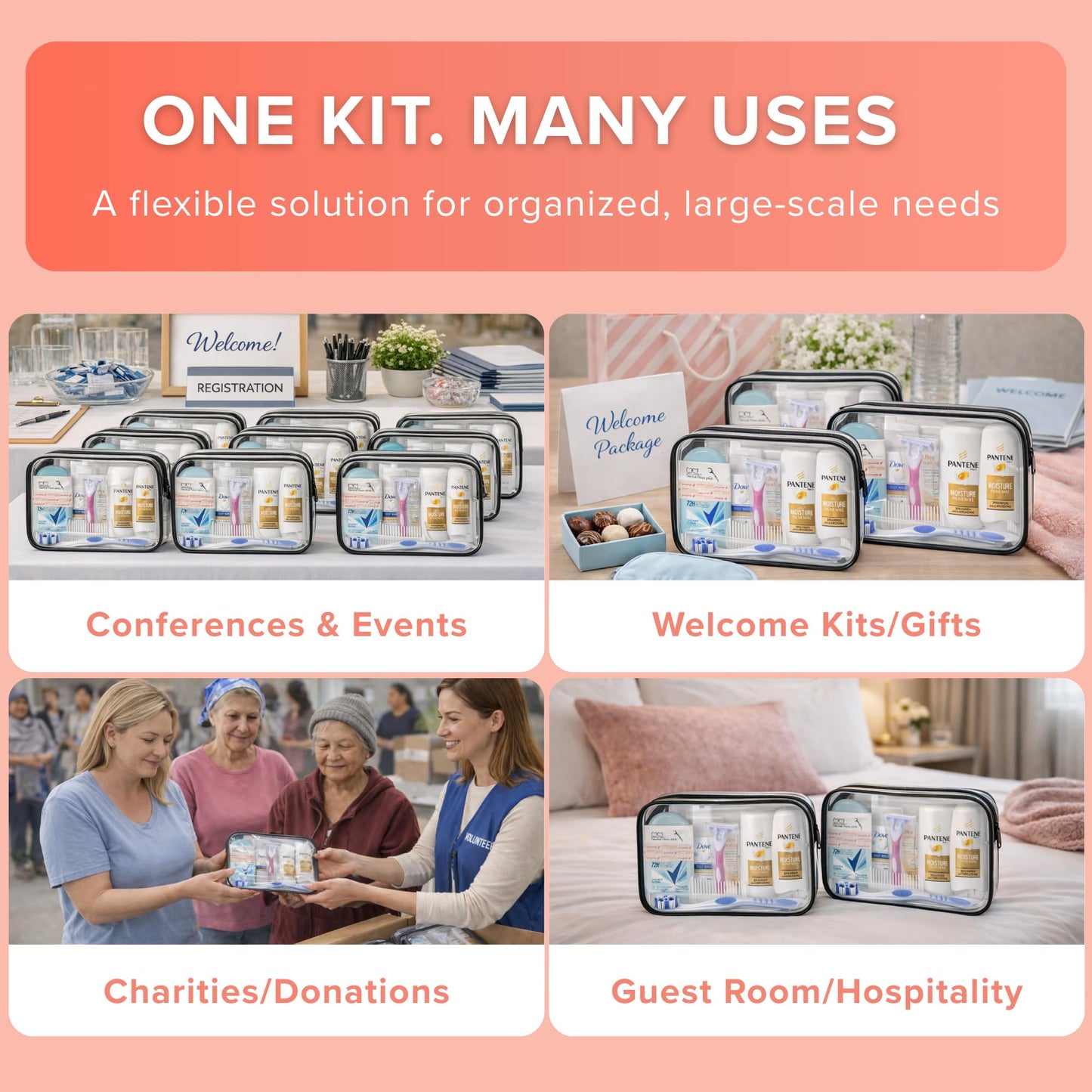 TrekTote Bulk Women’s Hygiene Kits 15 Piece Travel Toiletry Kit with Shampoo Conditioner Body Wash Lotion Deodorant Razor Toothbrush Toothpaste Comb Flossers Swabs Bandages Wipes