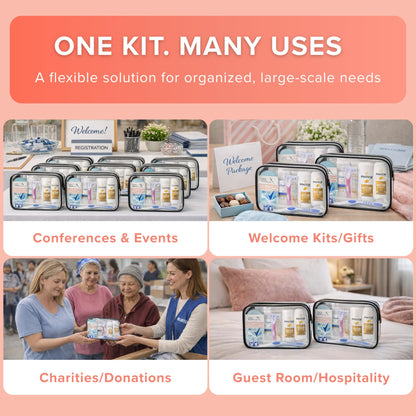 TrekTote Bulk Women’s Hygiene Kits 15 Piece Travel Toiletry Kit with Shampoo Conditioner Body Wash Lotion Deodorant Razor Toothbrush Toothpaste Comb Flossers Swabs Bandages Wipes