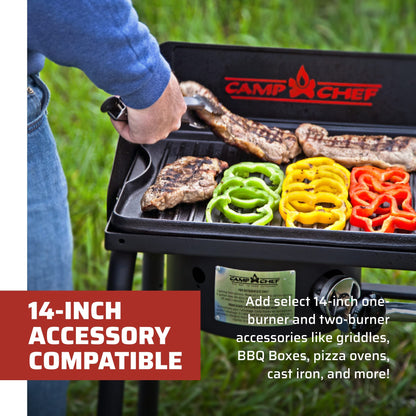 Camp Chef Explorer, Two Burner Stove, Two 30,000 BTU's cast-aluminum burners, Cooking Dimensions: 14 in. x 32 in, Black