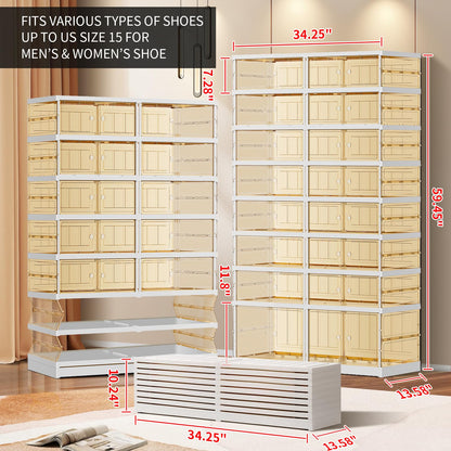EHAMILY 8 Tiers 16-32 Pairs Foldable Shoe Rack for Closet Plastic Stackable Shoe Boxes for Garage Collapsible Shoes Shelf with Doors Storage Organizer Cabinet Quick Assembly,Brown