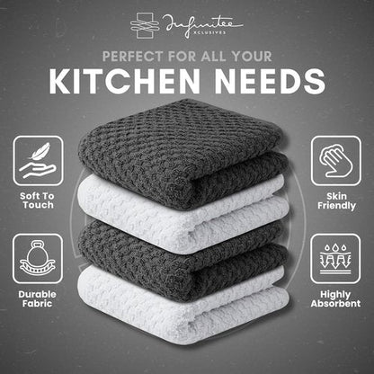 Infinitee Xclusives Premium Cotton Dish Cloths - Ultra Soft & Highly Absorbent | 12 x 12 Inches | Pack of 4 | Grey