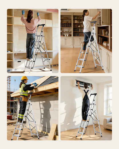 VEVOR 6 Step Ladder, Folding Step Stool with Wide Anti-Slip Pedal and Comfort Handgrip, 330 lbs Capacity Portable Aluminum Stepladder, Multi-Use for Kitchen, Warehouse, Household and Office, Silver