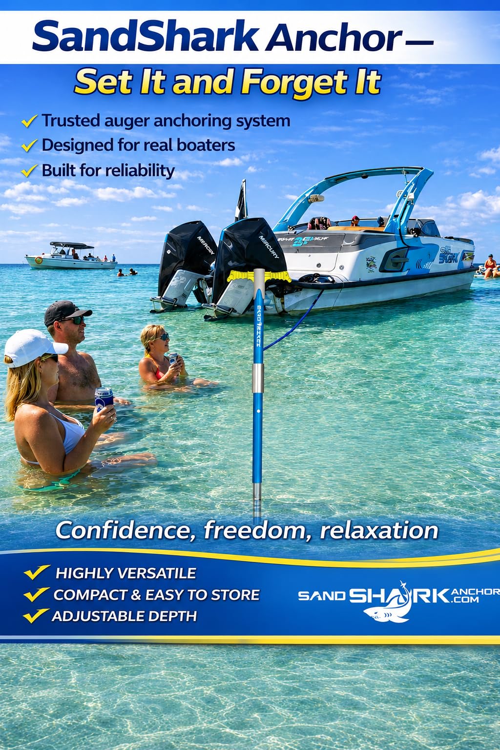 SandShark New MEGA-Sport Boat Anchor. Boat Anchor Kit w/Rip-Stop Padded Case, Easy to Adjust. Shallow Water Anchor Pole for Boat. Must Have Pontoon Boat Accessories, Converts from 4ft to 5ft 8in