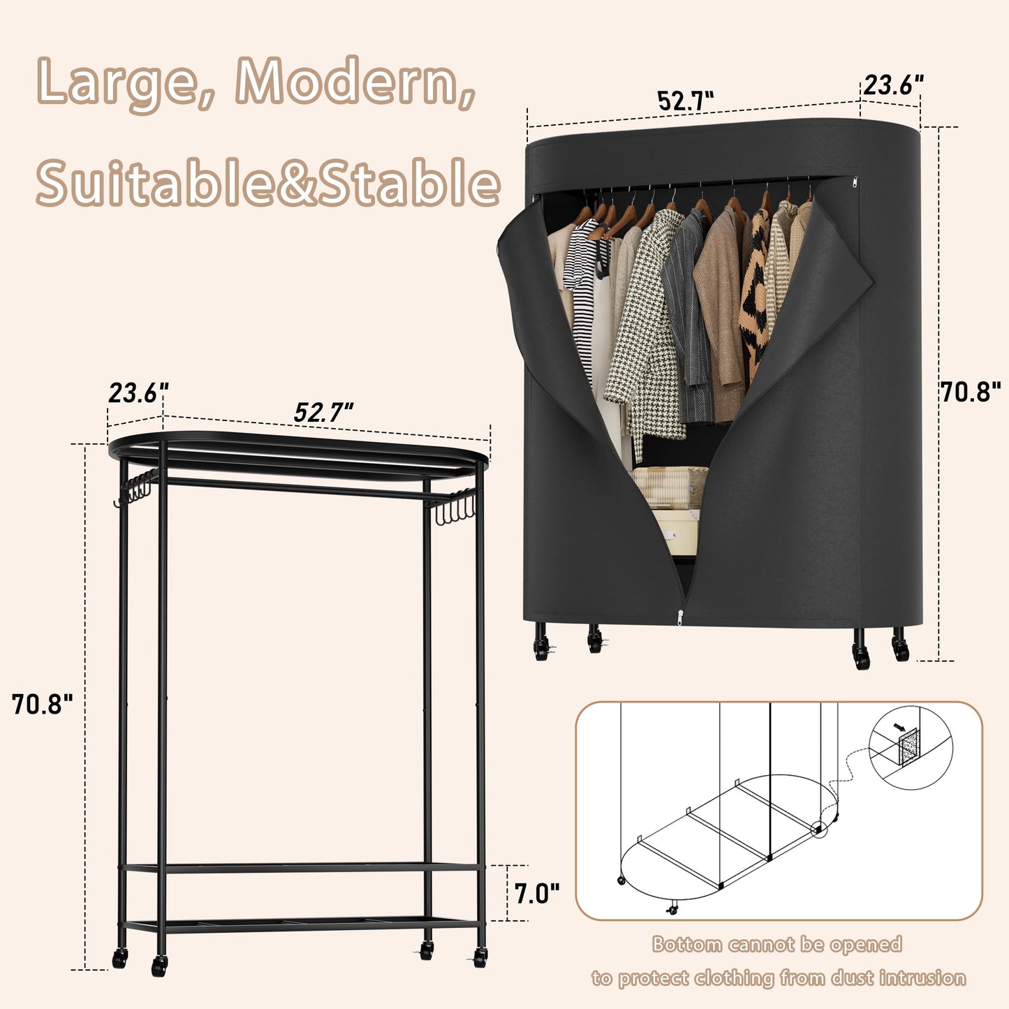 Clothes Rack with Cover, Heavy Duty Portable Closet for Hanging Clothes, Rolling Clothing Closet, Garment Rack with Wheels&Side Hooks, Closet Organizers and Storage with Black Cover, Max Load 380LBS