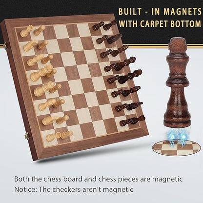 2 in 1 Magnetic Wooden Chess and Checkers Board Game Set 15 Folding Chess Boards with 2 Extra Queens Portable Travel Chess Sets with Pieces Storage Slots Beginner Chess Game Set for Kids Adults