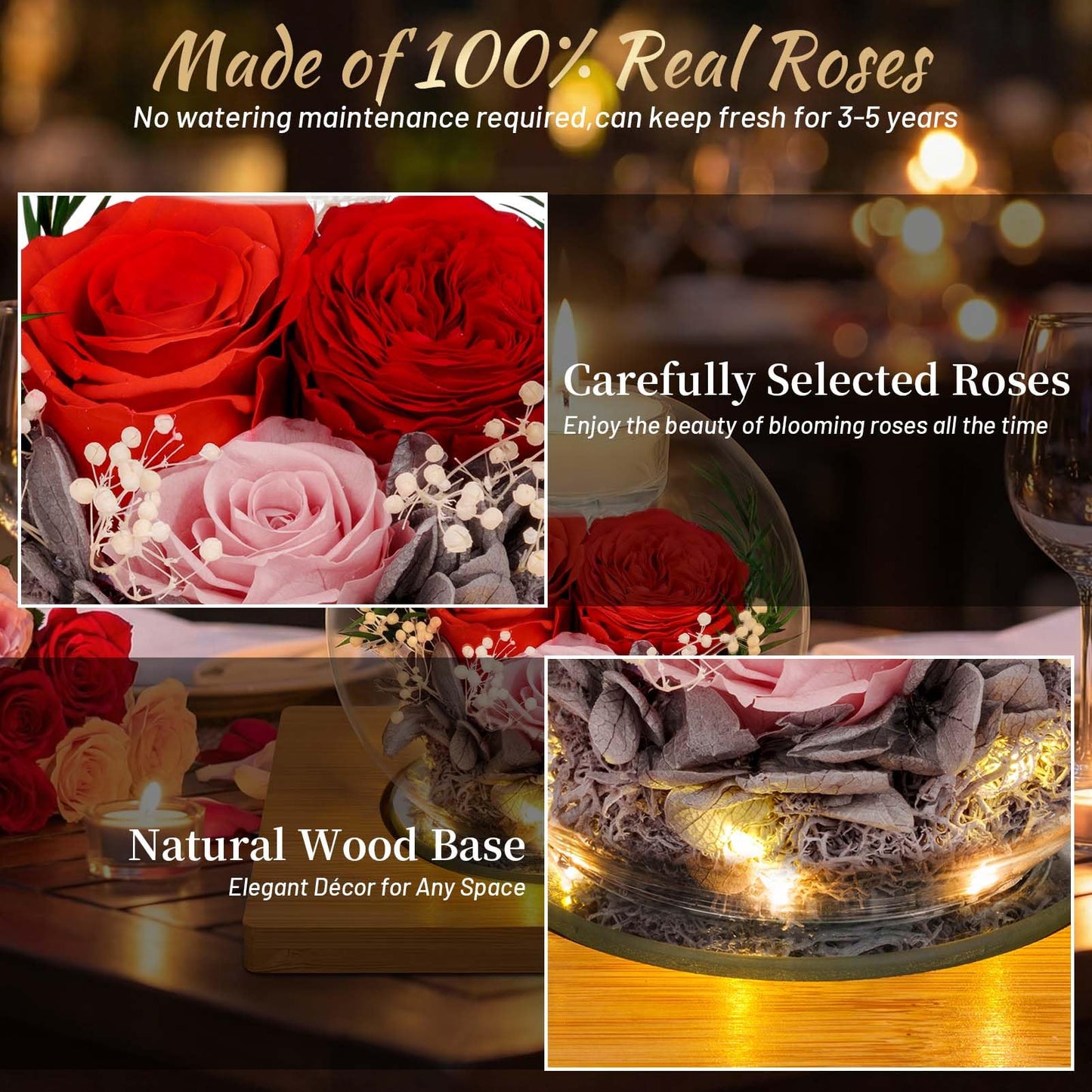 Preserved Colorful Real Rose in Glass with Scented Candles–– Forever Flower Romantic Anniversary Christmas Birthday Valentines Mothers Day Gifts for Mom, Women, Wife, Girlfriend, Her, Grandma