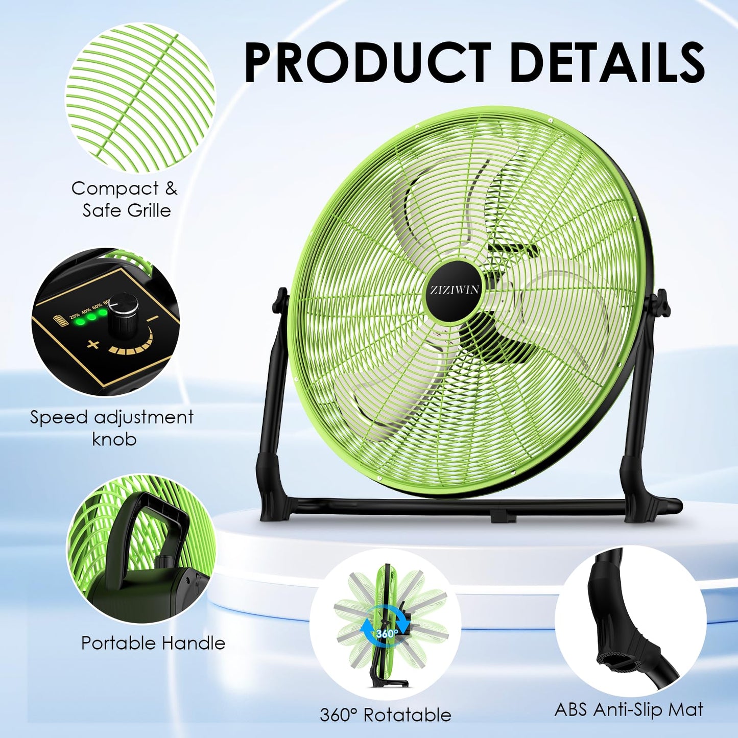 ZIZIWIN 20'' Large Battery Fan, Portable Cordless Camping Fan, Rechargeable Battery Floor Fans, 360° Tilt, Wireless, USB Output, for Home Office Gazebo Greenhouse Outside Gym