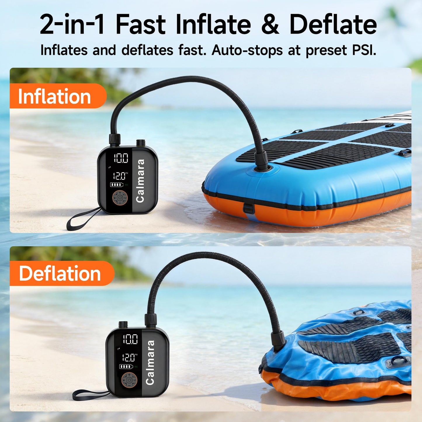 Calmara B1 Electric Paddle Board Pump,Rechargeable 10000mAh Cordless/12V DC 22 PSI High Pressure SUP Pump,Inflation & Deflation,Auto-Off for Stand Up Surfing Kite,Tent,Boat Gift for Men