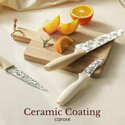 CAROTE 12PCS Knife Set, Kitchen Knife Set with 6 Blade Guards, Stainless Steel Knives Set With Nonstick Ceramic Coating, Rustproof, Delicate Floral Designs, White