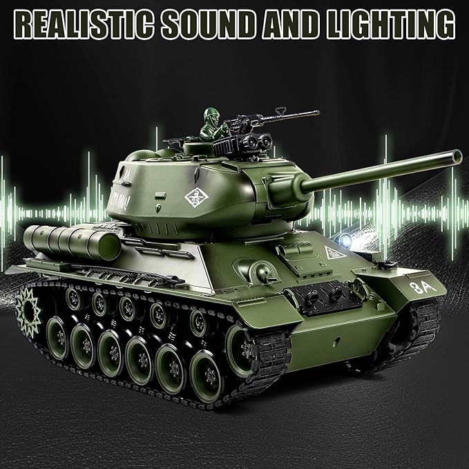 1/18 Soviet Union T34 RC Tank 2.4G Metal Track Army Model Toy with Smoke Sound and Lights 165ft Remote Control All-Terrain Indoor Outdoor Toy for Kids &amp Adults