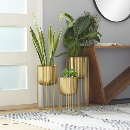 Deco 79 Metal Indoor Outdoor Planter Deep Recessed Dome Large Planter Pot with Elevated Caged Stand, Set of 3 Planters 24", 20", 16"H, Gold