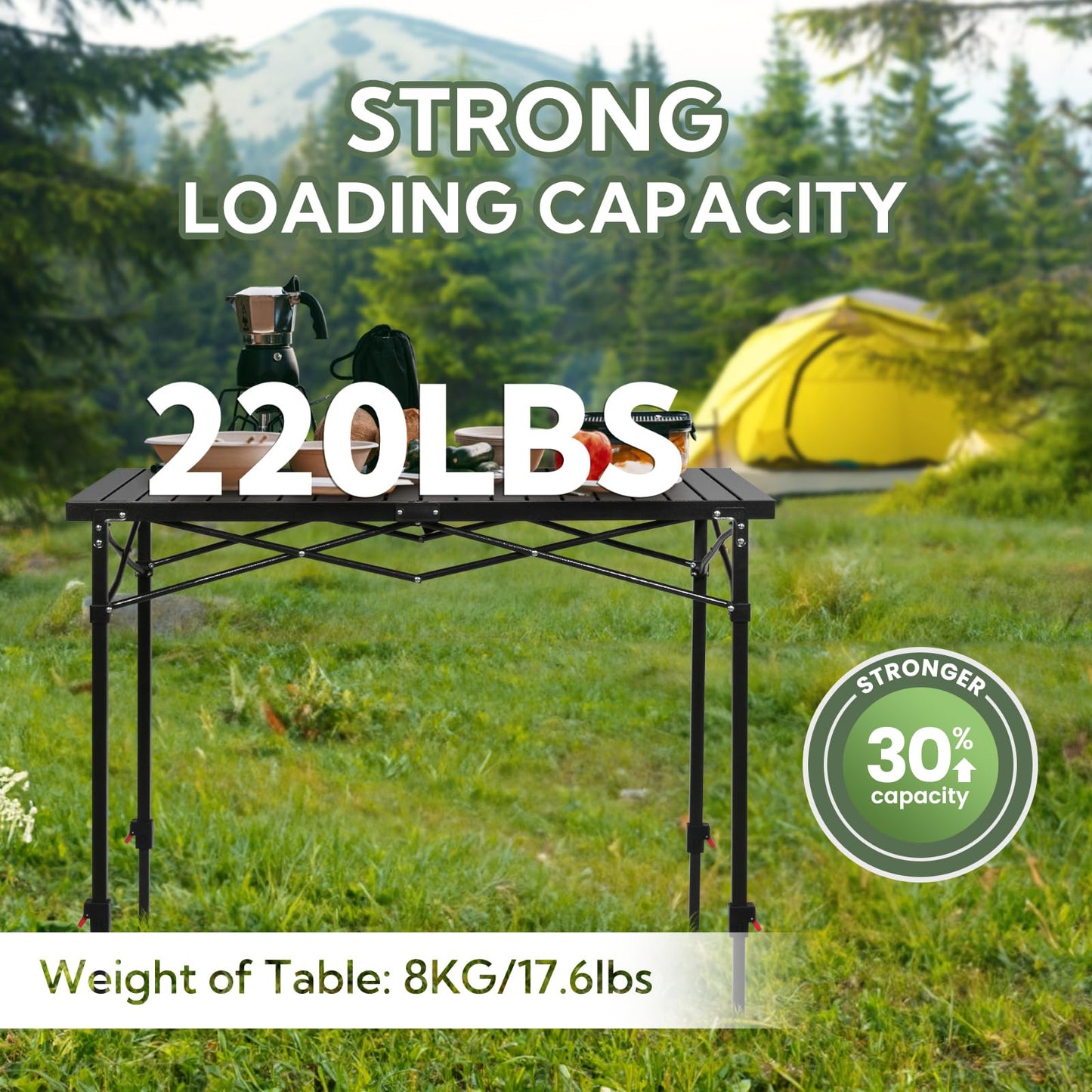 Join Nature Portable Outdoor Adjustable Height Camping Table, Large for 2-6 Person, Foldable Roll-up Aluminum Camp Table with Carry Bag for Picnic, Camp, Sturdy, Stable, Loads 220 Lbs (Black)