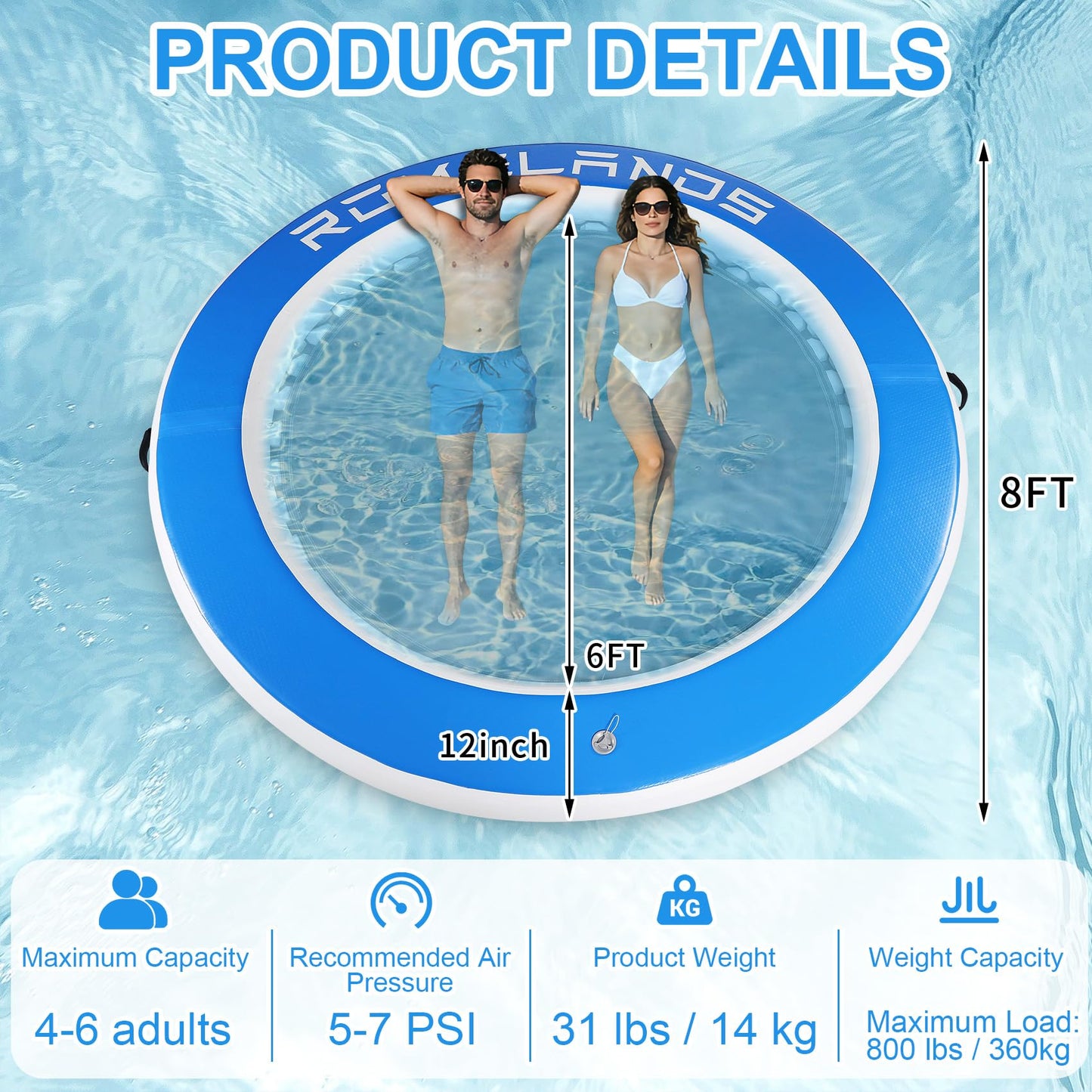 Inflatable Water Hammock Floating Dock, Round Float Ring for Summer Party, Heavy-Duty Raft Platform for Lakes Pools Oceans, Portable Lounger for Adults