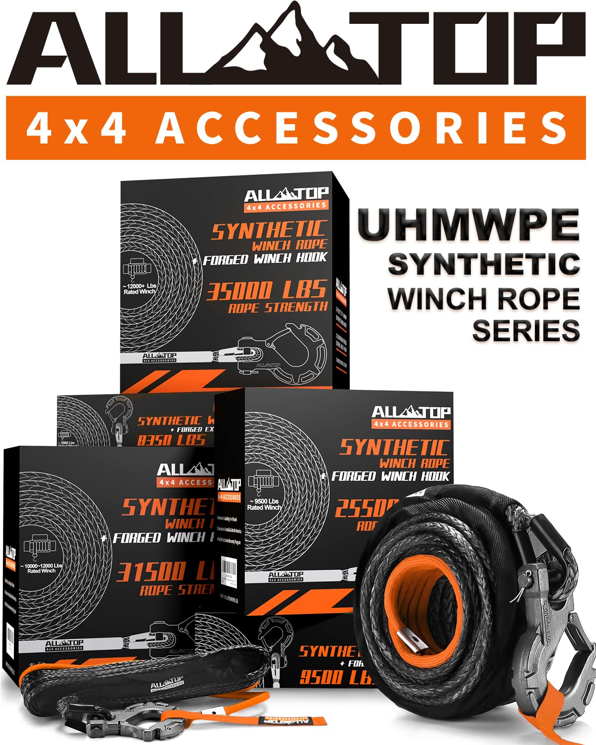 ALL-TOP Synthetic Winch Rope w/Hook & Isolator, 9/16in x 76ft, 35000Lbs UHMWPE Cable Replace Kit, Forged Hook & Rubber Stopper & Safety Pull Strap