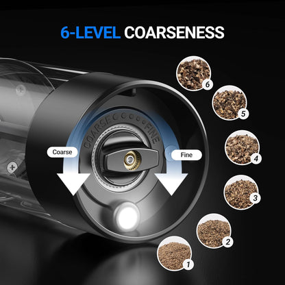 ThermoMaven Electric Salt and Pepper Grinder Set - Rechargeable 110ml Mill with 6 Coarseness Levels | Black, 2-Pack