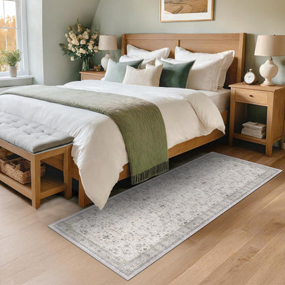 Regine Switzerland Light Grey 2x7 Boho Bathroom Runner Rug - Washable Floral Design, Non-Slip for Hallway & Bedroom