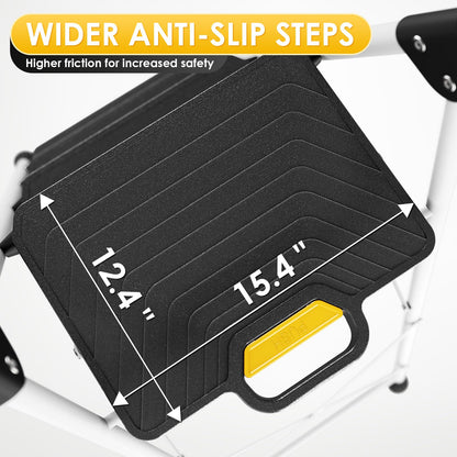 TOOLF 5 Step Ladder, Sturdy Steel Step Stool with Tool Platform, Anti-Slip Wide Pedals, Handrail, Safe-Lock Design, Folding Portable Ladder for Home, Kitchen, Pass 800lbs Load Testing, White