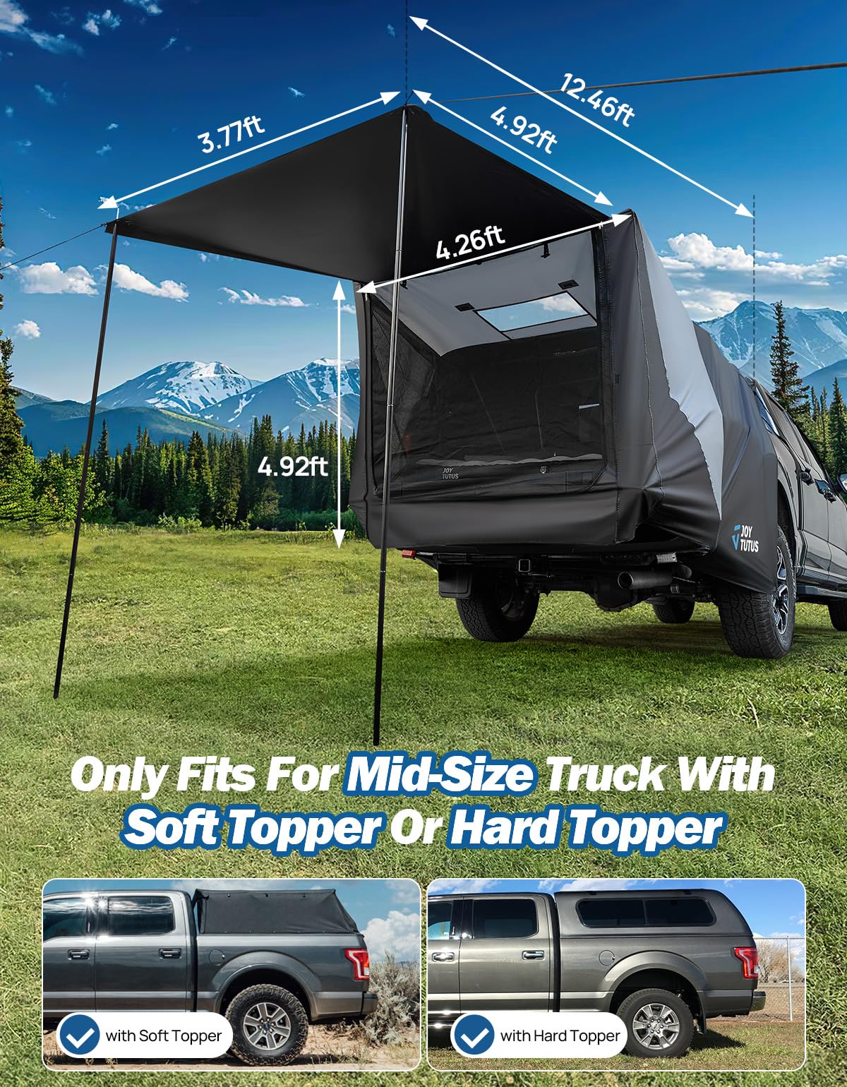 JOYTUTUS Truck Tent with Awning, Truck Bed Tailgate Tent Pickup Camping Tent Canopy (Only Fits Mid-Size Truck with Soft Hard Topper or Camper Shell)