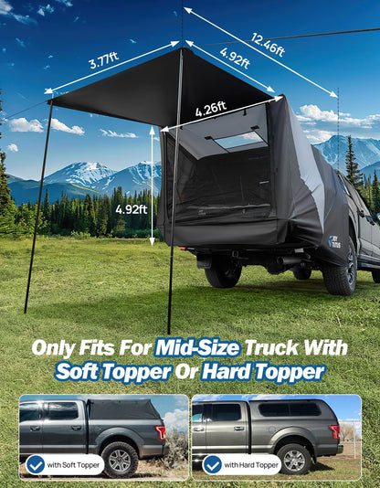 JOYTUTUS Truck Tent with Awning, Truck Bed Tailgate Tent Pickup Camping Tent Canopy (Only Fits Mid-Size Truck with Soft Hard Topper or Camper Shell)