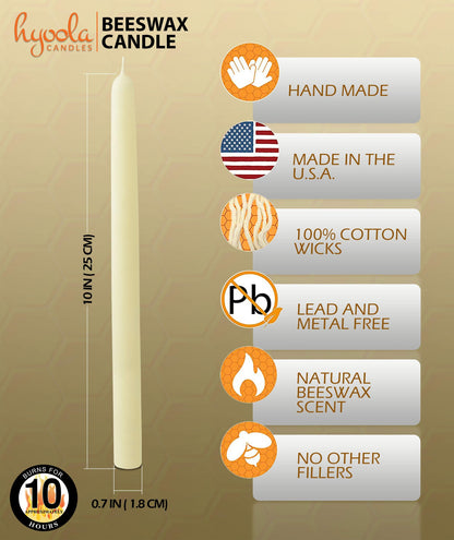 Hyoola 10" Beeswax Taper Candles 12 Pack - Handmade, All Natural, 100% Pure Unscented Bee Wax Candle - Tall, Decorative, White - 10 Hour Burn Time