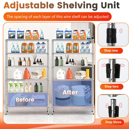 BestOffice | 6-Tier Wire Storage Shelves with Wheels | 18x45x82 | Chrome | Adjustable Racks | Heavy-Duty Metal Shelf, Holds Upto 2100 lbs | No-Tool Assembly | Ideal for Home & Garage Shelving