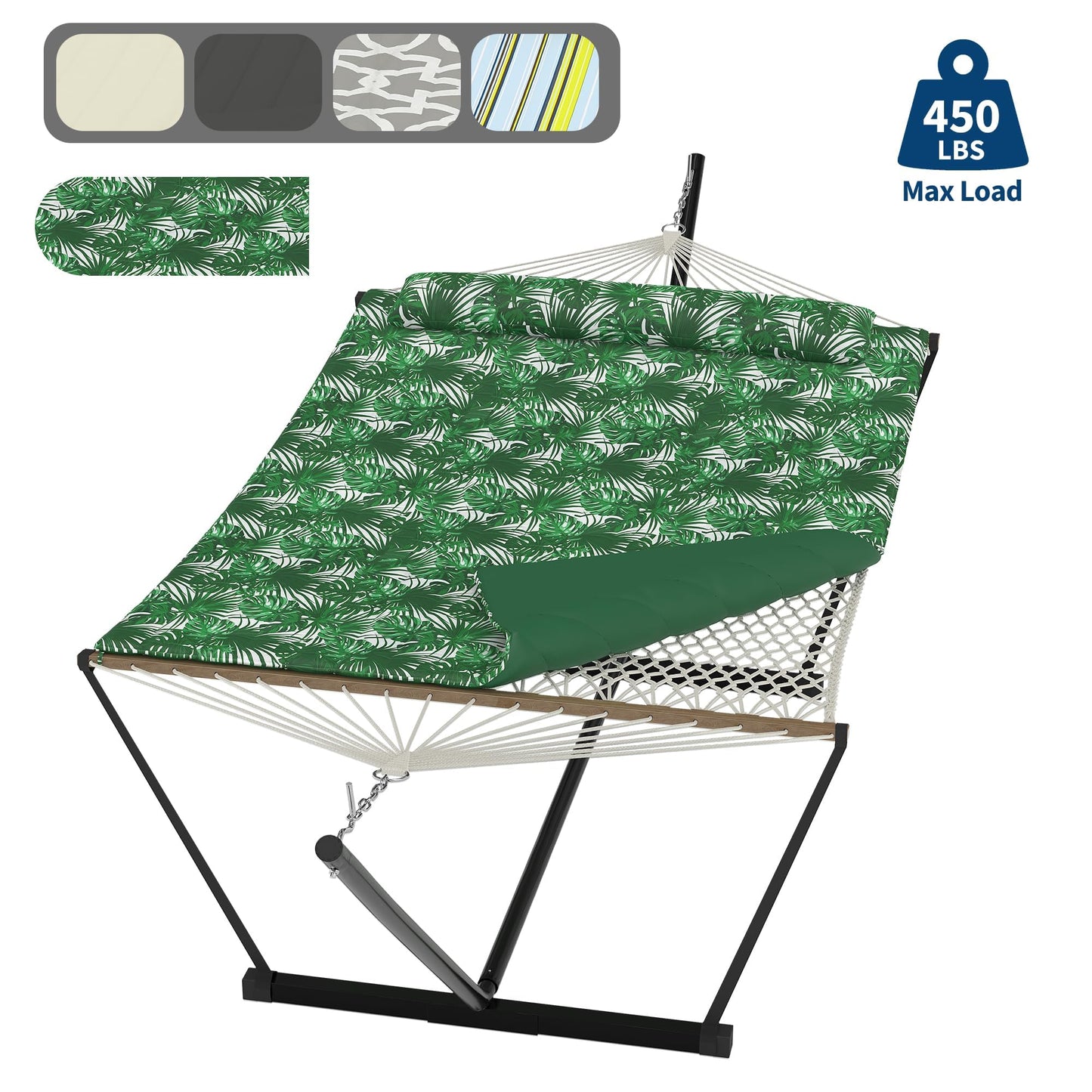 2 Person Outdoor Hammock with Stand, Person Cotton Rope Hammock with Polyester Pad, Portable Hammock with Carrying Bag, for Patio, Garden, Beach, Backyard Camping