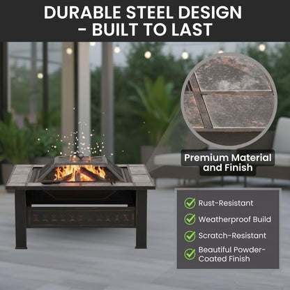 Fire Pit - 32-Inch Outdoor Firepit Table with Screen, Cover, and Poker - Outdoor Fire Pits for Backyard, Deck, Patio, or Porch by Pure Garden (Bronze)