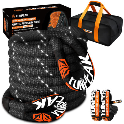 YUNPEAK 1.26" x 30ft Heavy-Duty Kinetic Recovery Rope – 56,000lbs Break Strength – Includes 2 Ultra-Strong UHMWPE Soft Shackles – Ideal for Trucks, SUVs, Jeeps, UTVs, ATVs & Tractors (Black)