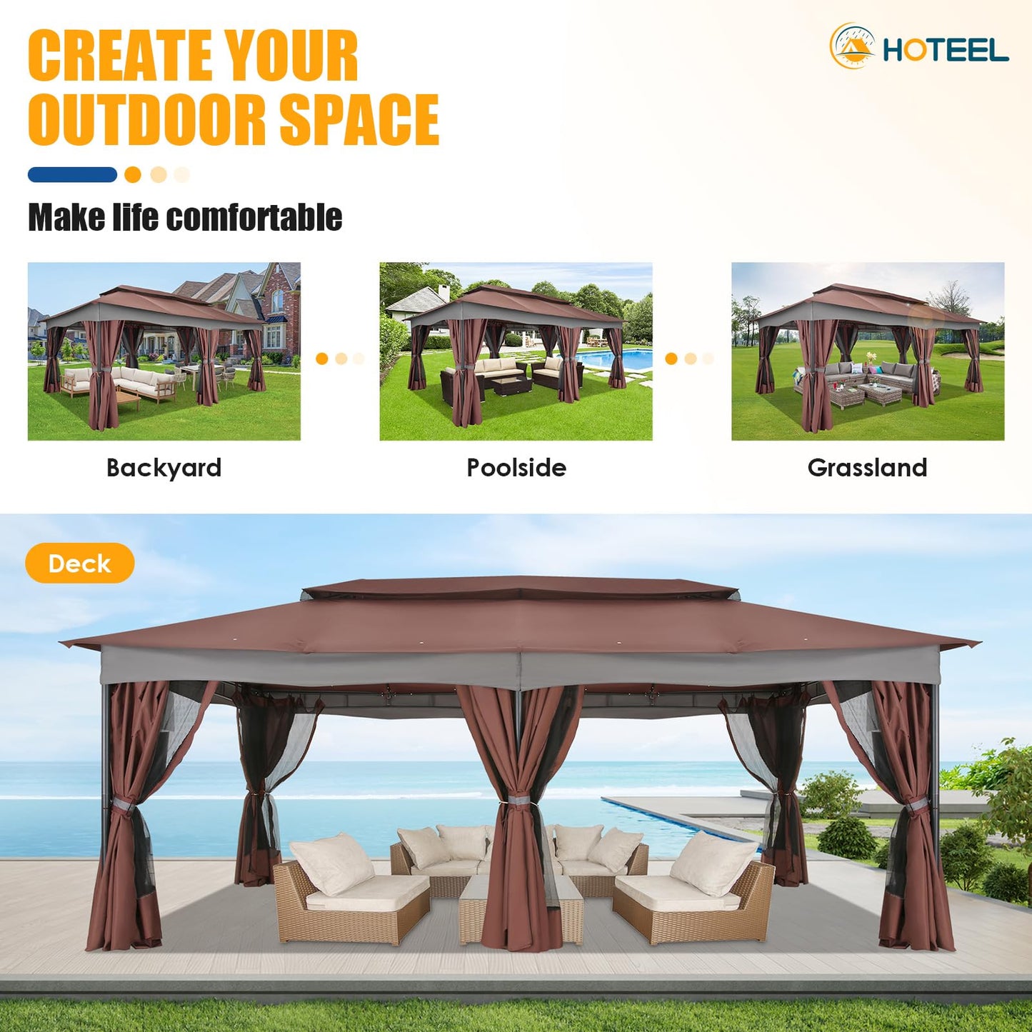 HOTEEL Gazebo 12x20, Outdoor Gazebo on Clearance with Double Ventilated Arc Roof, Privacy Curtains & Mosquito Netting, Easy Set up Canopy Tent with Stable Metal Frame for Patio Gazebo, Brown