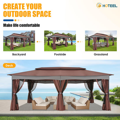 HOTEEL Gazebo 12x20, Outdoor Gazebo on Clearance with Double Ventilated Arc Roof, Privacy Curtains & Mosquito Netting, Easy Set up Canopy Tent with Stable Metal Frame for Patio Gazebo, Brown
