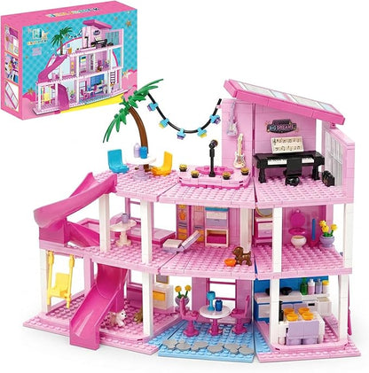 ENJBRICK Pink Music Villa with Spiral Slide 656Pcs Pop Star House Building Toy w/Piano &amp Microphone 3-Story Friends Cottage Compatible with Lego Birthday for Girls 8-12