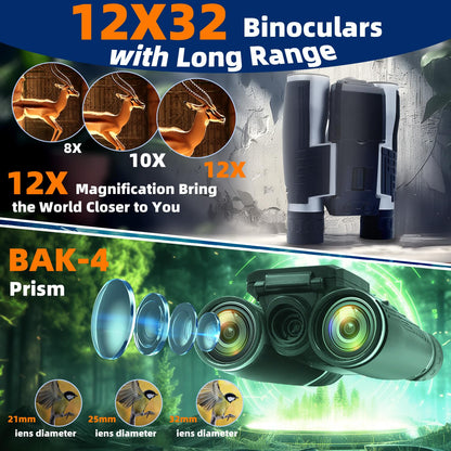 12x32 Binoculars for Adults, Digital Binoculars with Camera 48MP Photo 2.5K Video 2.4" LCD Display Screen with 32GB Micro SD Card for Bird Watching Hunting Football Concerts Theatre