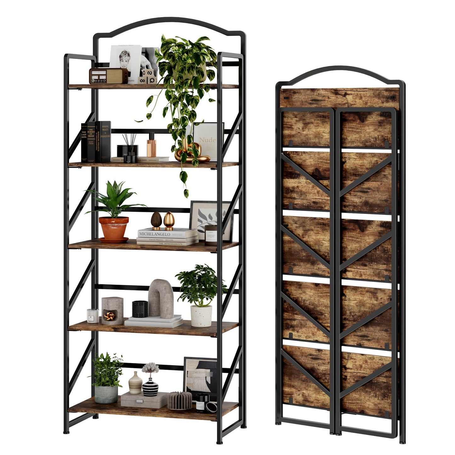BHG No Assembly Folding Bookshelf for Living Room,Semicircle Collapsible Book Shelf for Home Office, Portable Bookcase Storage Organizer Rack Shelves