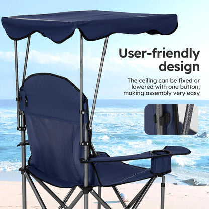 ALPHA CAMP Heavy Duty Canopy Camping Chair, 350 lbs Capacity Oversized Folding Chair with Adjustable Sunshade, Portable Sunshade Chair with Cup Holder for Beach, Fishing, Outdoor - Navy Blue,2PC