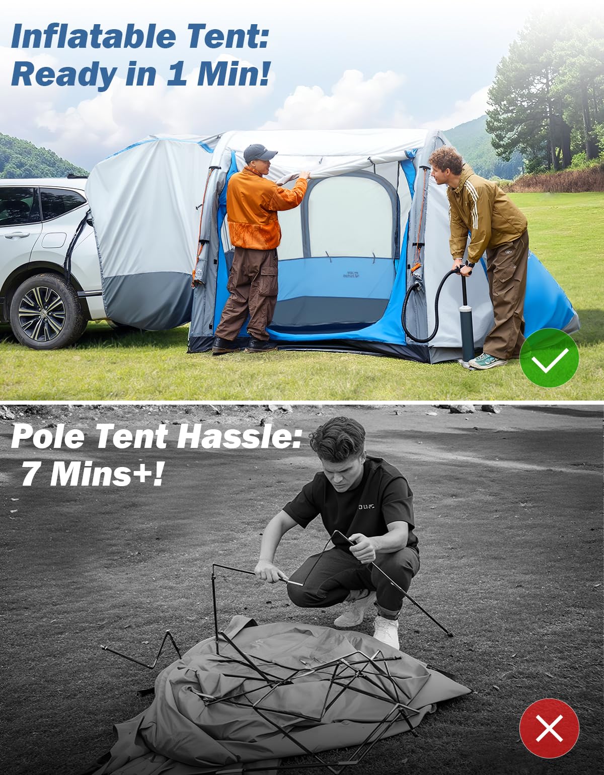 JOYTUTUS Inflatable SUV Tent with Pump 2.0, 30% More Space, Easy Set-up Car Tent for 6 Person Family Camping, Dual-Use for SUV or Ground Camping with 2 Awnings, Double Door, Fit for SUV Car Van