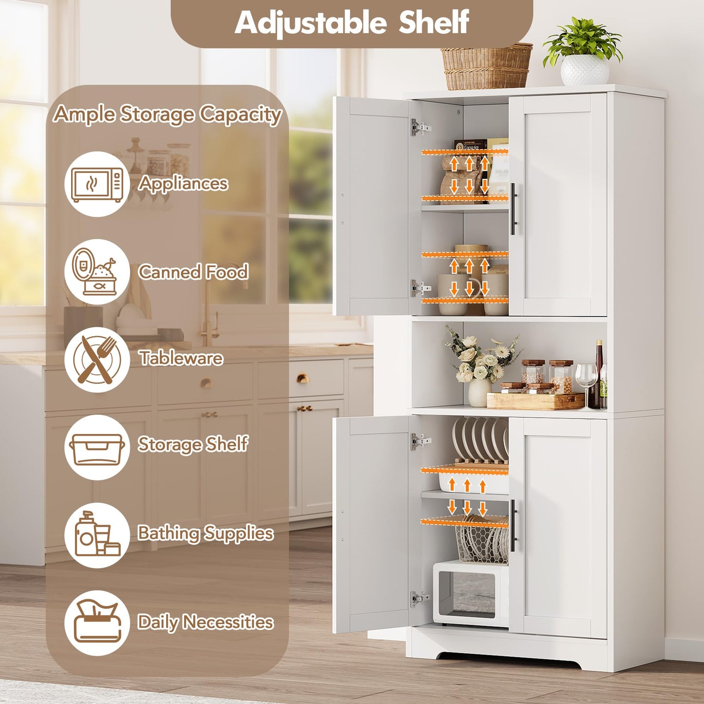 GarveeHome 70in Tall Kitchen Pantry Cabinet, Storage Cabinet with Doors and Adjustable Shelves, Freestanding Cupboard for Living Room, Dining Room, Bathroom, White