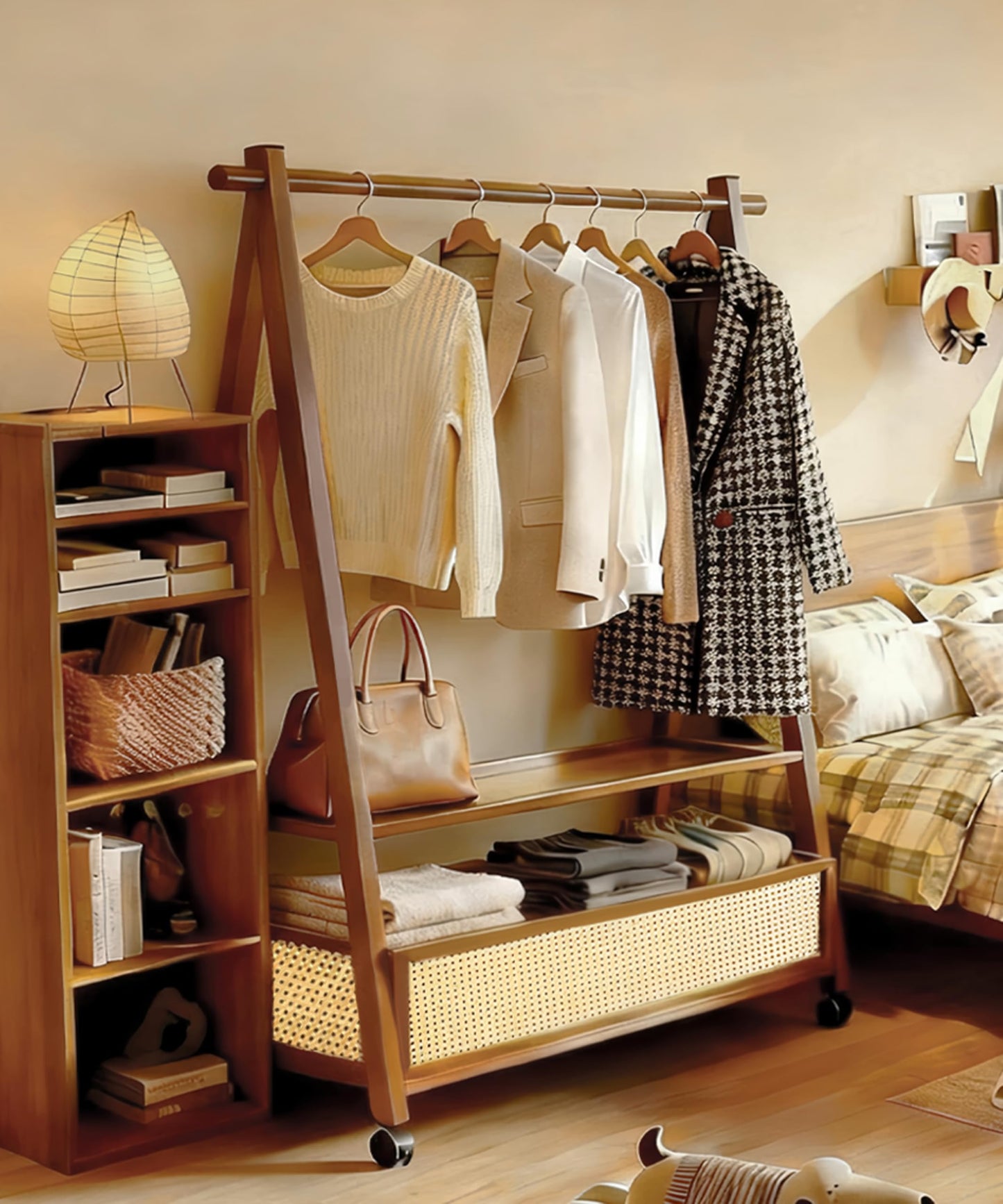 TEDIDUWA 61" Heavy Duty Rolling Clothes Rack, 110 lbs Capacity Solid Bamboo Garment Rack with Double Layer Shelf, Portable Wardrobe & Wood Coat Rack for Bedroom, Laundry, Closet (Walnut)