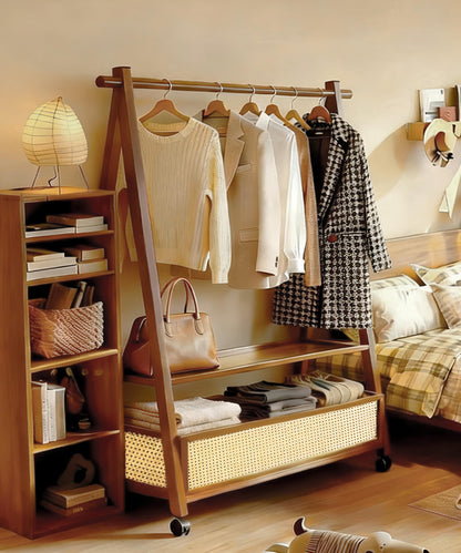 TEDIDUWA 61" Heavy Duty Rolling Clothes Rack, 110 lbs Capacity Solid Bamboo Garment Rack with Double Layer Shelf, Portable Wardrobe & Wood Coat Rack for Bedroom, Laundry, Closet (Walnut)