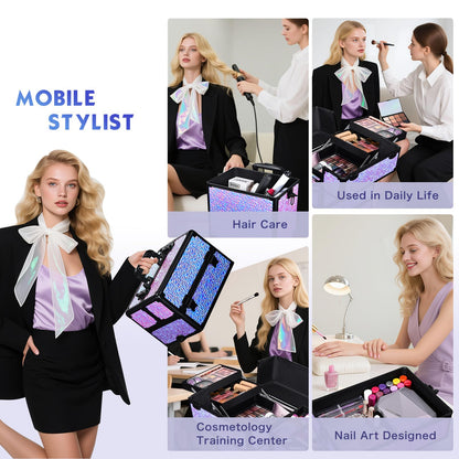 Stagiant Rolling Makeup Case Cosmetology Case on Wheels 4 in 1 Makeup Travel Case Extra Large Cosmetic Box with Key Make Up Artist Traveling Storage Nail Case Salon Barber Cart Trunk Shiny Purple