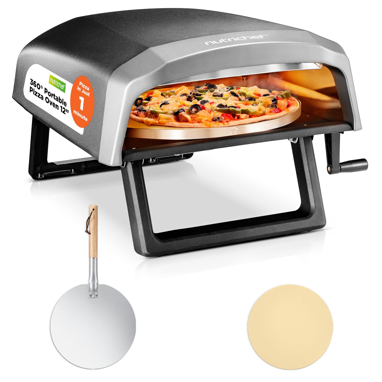 NutriChef Outdoor Pizza Oven with 360° Rotating Pizza Stone | Cooks 12" Pizza in 60 seconds | Adjustable Heat Control Dial, Includes Pizza Peel, Stone & Regulator with Hose | Short Handle
